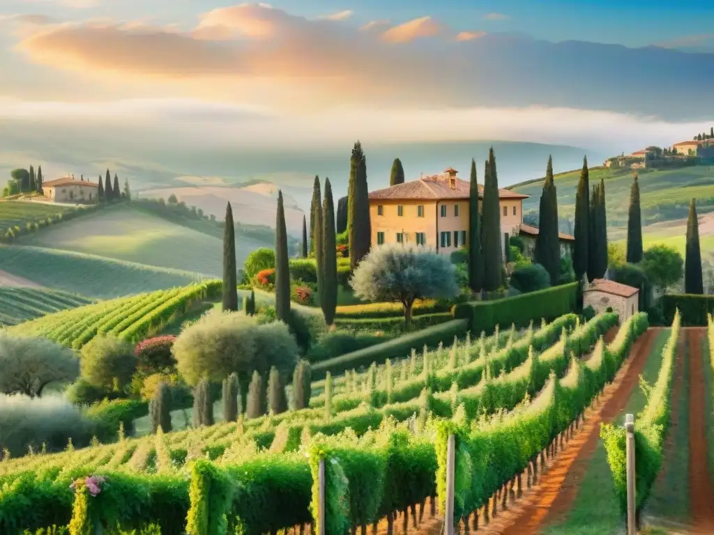 Pintura detallada de villa toscana entre viñedos y cipreses bajo un cálido atardecer