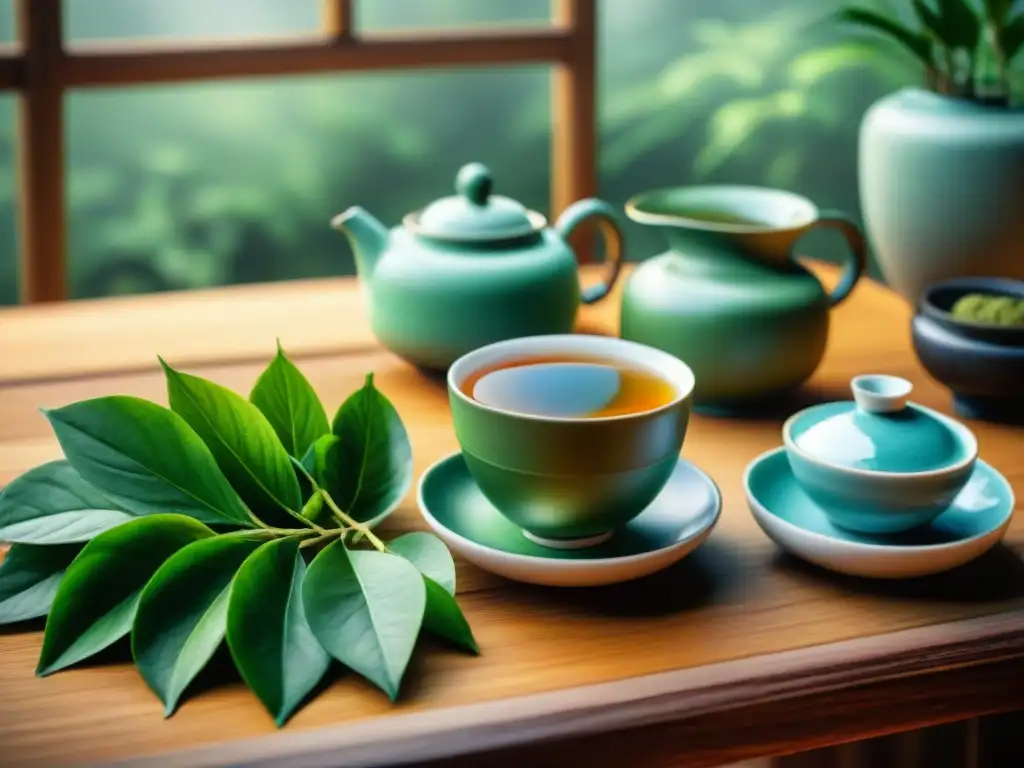 Una pintura acuarela detallada de una tradicional ceremonia de té china, con delicados juegos de té de porcelana, hojas verdes vibrantes y pinceladas de acuarela serenas que capturan la riqueza cultural y la tranquilidad, ideal para una Conversación básica en mandarín