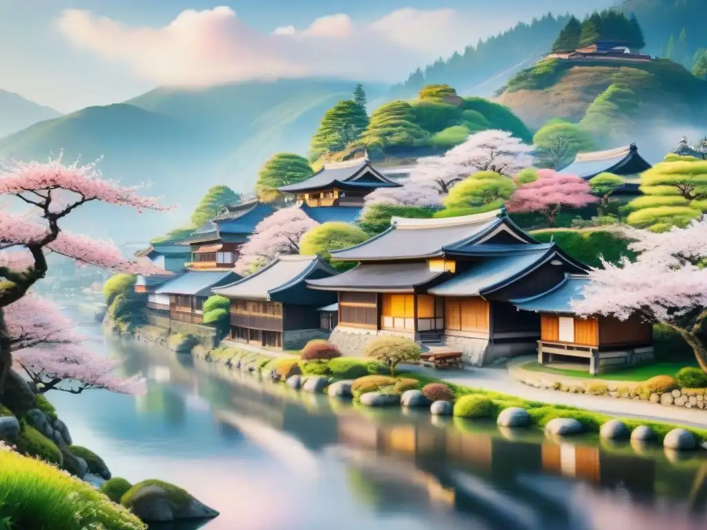 Pintura detallada de un tranquilo pueblo japonés entre cerezos en flor, reflejando la importancia de la preservación de dialectos en Japón