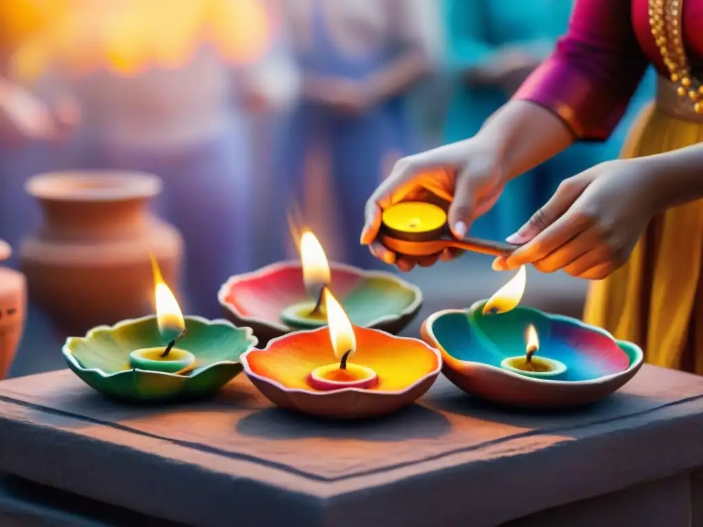 Una pintura acuarela detallada de una vibrante celebración de Diwali con lámparas de arcilla decoradas, llamadas diyas, iluminando la escena