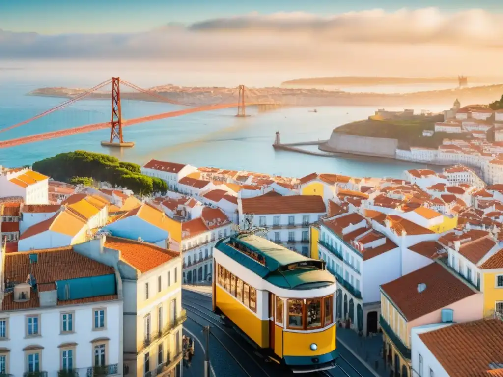 'Pintura detallada de las vibrantes calles de Lisboa, Portugal, con edificios coloridos y azulejos tradicionales