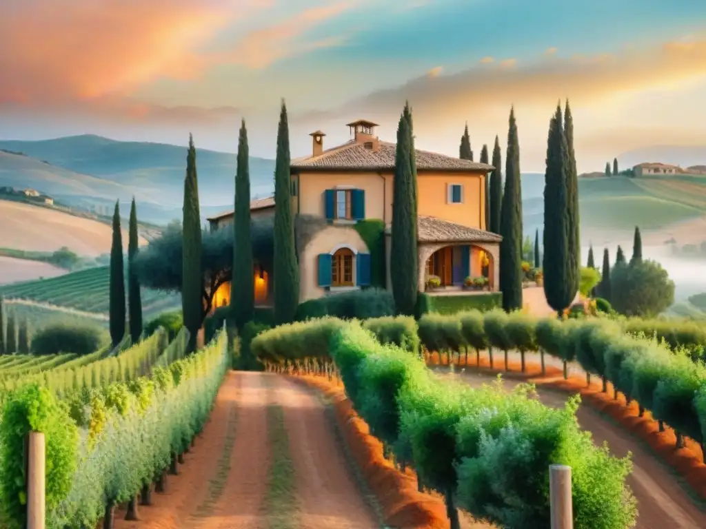 Pintura acuarela detallada de una villa toscana entre viñedos y olivares al atardecer