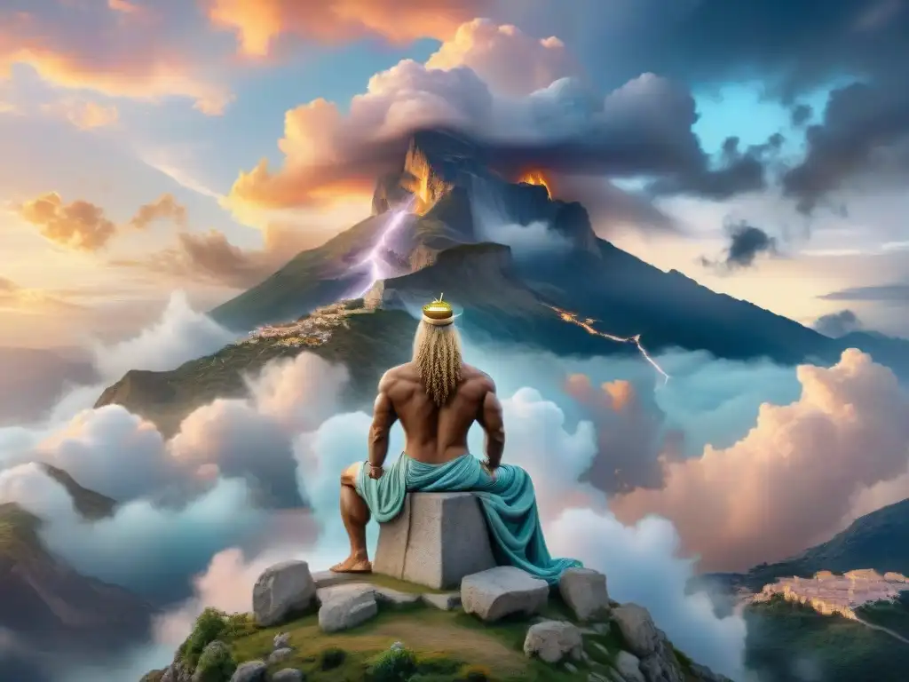 En una pintura acuarela serena, Zeus, rey de los dioses en la mitología griega, se sienta majestuosamente en su trono dorado en el Monte Olimpo