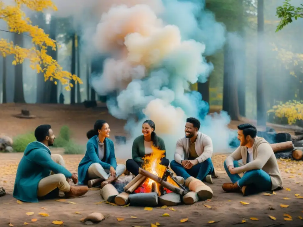 Pintura acuarela de diversidad lingüística alrededor de fogata en bosque otoñal