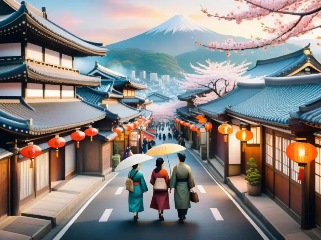 Pintura acuarela fusionando Tokyo y Seúl, con elementos culturales japoneses y coreanos