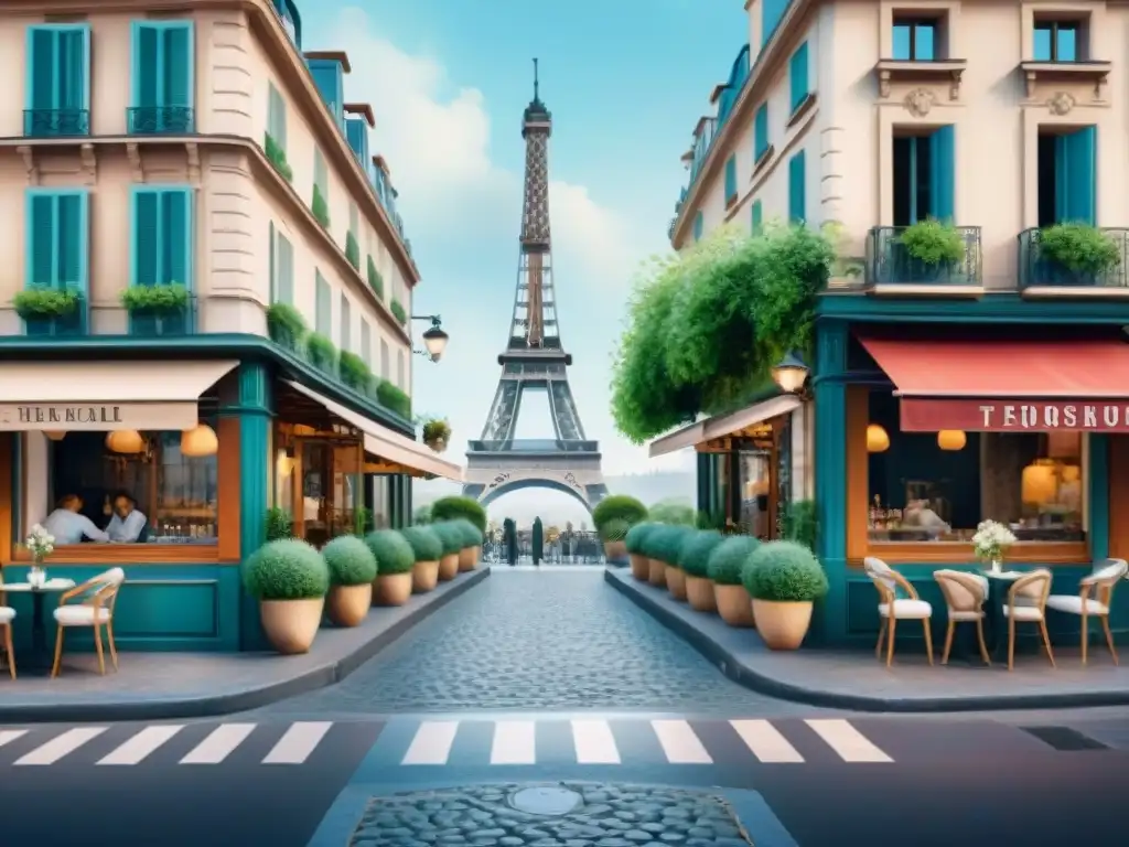 Pintura acuarela de un encantador café parisino con la Torre Eiffel de fondo