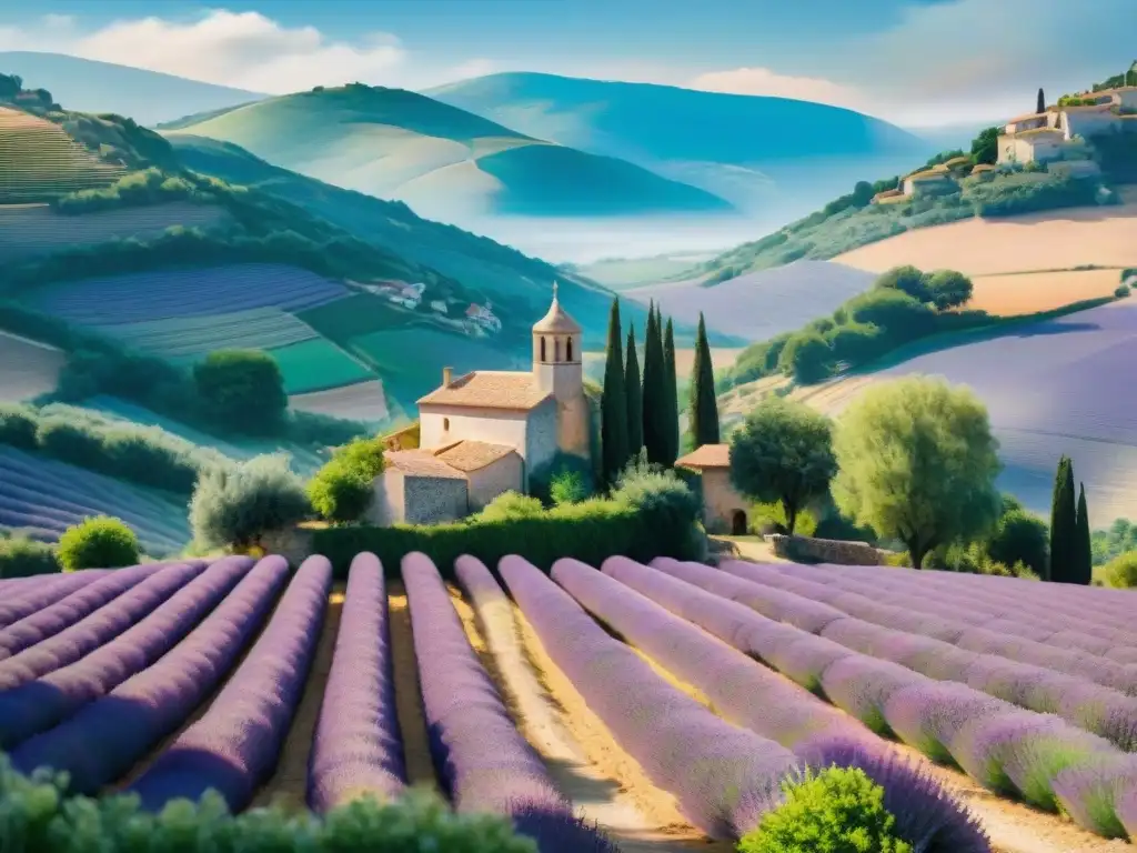 Pintura acuarela de un encantador pueblo provenzal entre campos de lavanda y colinas, con un cielo azul