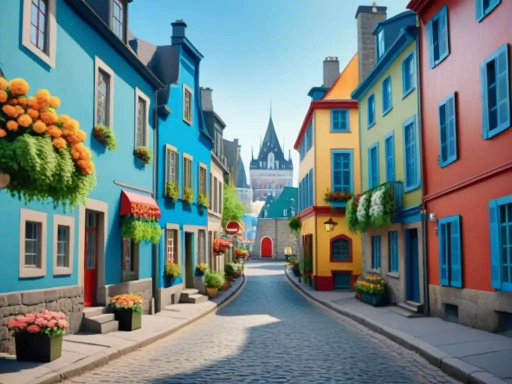 Pintura acuarela de una encantadora calle de Quebec, ideal para aprender francés en Quebec