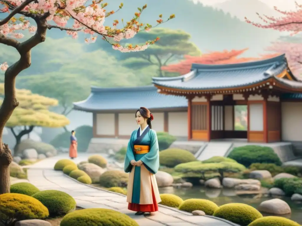 Pintura acuarela: jardín japonés y hanbok, expresiones idiomáticas japonés coreano comparación