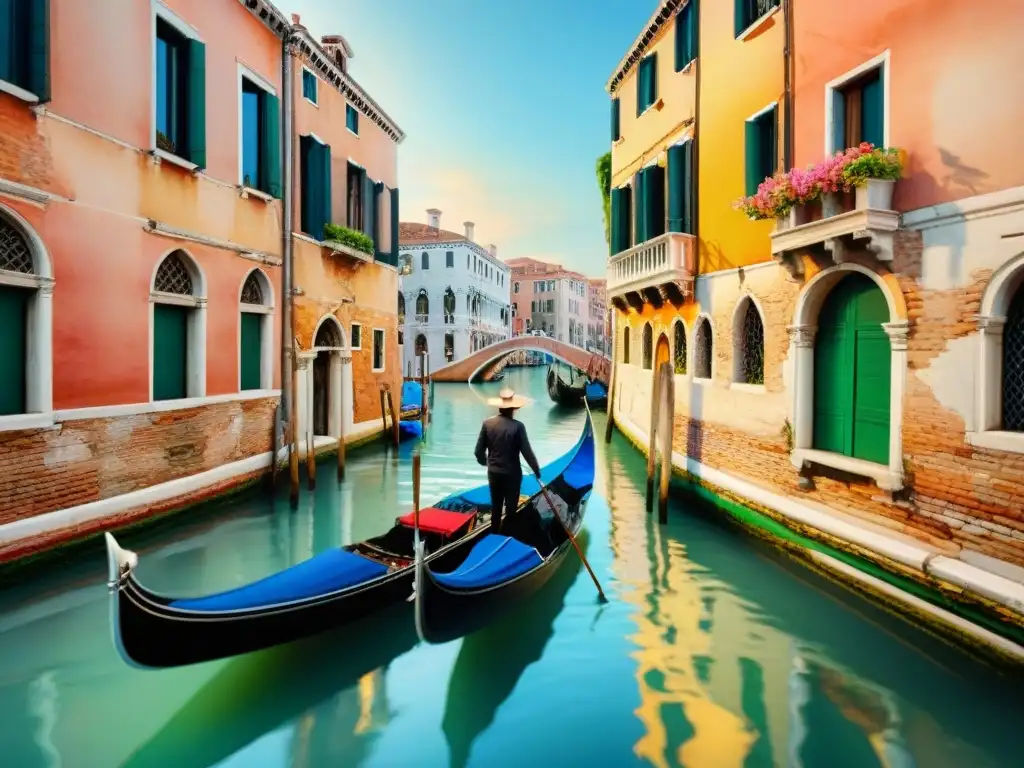 Pintura acuarela de una góndola en un canal veneciano con edificios coloridos