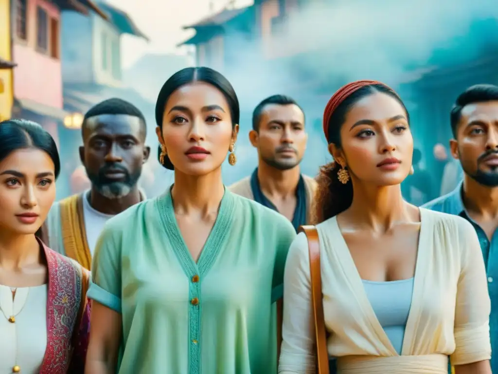 Una pintura acuarela impresionante muestra diversidad cultural, diálogos armoniosos y adaptación lingüística en traducción dialectos