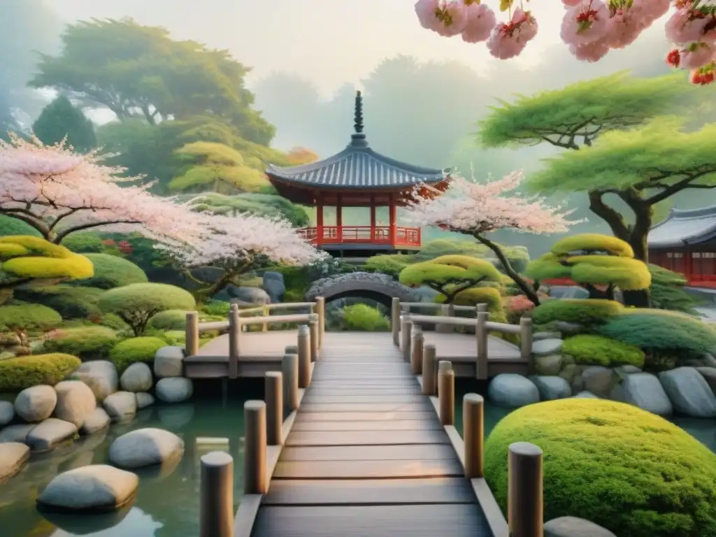 Pintura acuarela de jardín japonés con cerezos en flor, puente de madera y pagoda bajo el sol poniente