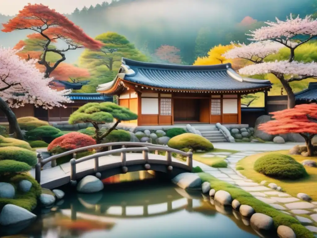 Pintura acuarela de jardín japonés con cerezos en flor y casa hanok rodeada de follaje otoñal, reflejando similitudes entre coreano y japonés