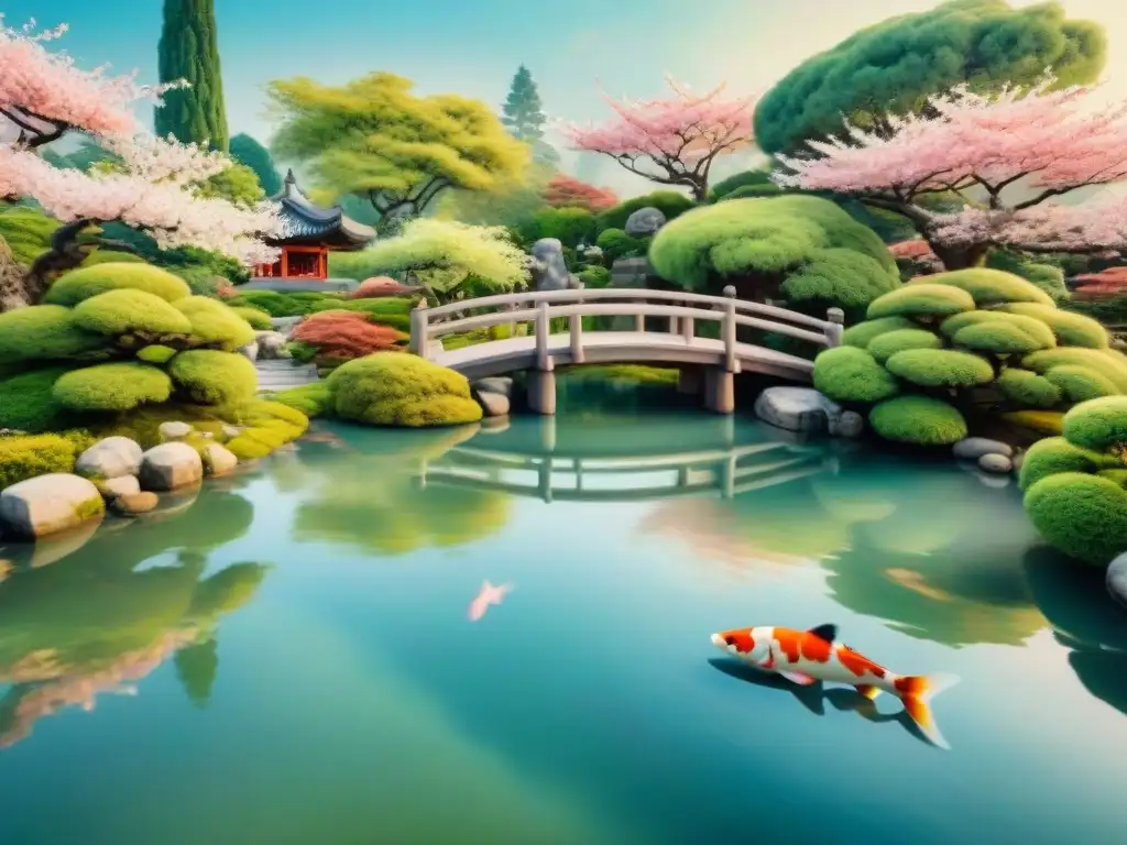 Pintura acuarela de jardín japonés con cerezos en flor, puente de madera y pagoda entre vegetación exuberante