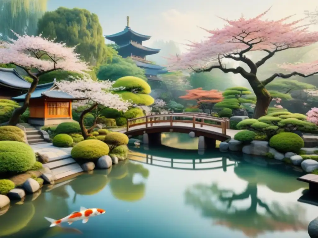 Pintura acuarela de un jardín japonés con cerezos en flor, puente de madera y pagoda