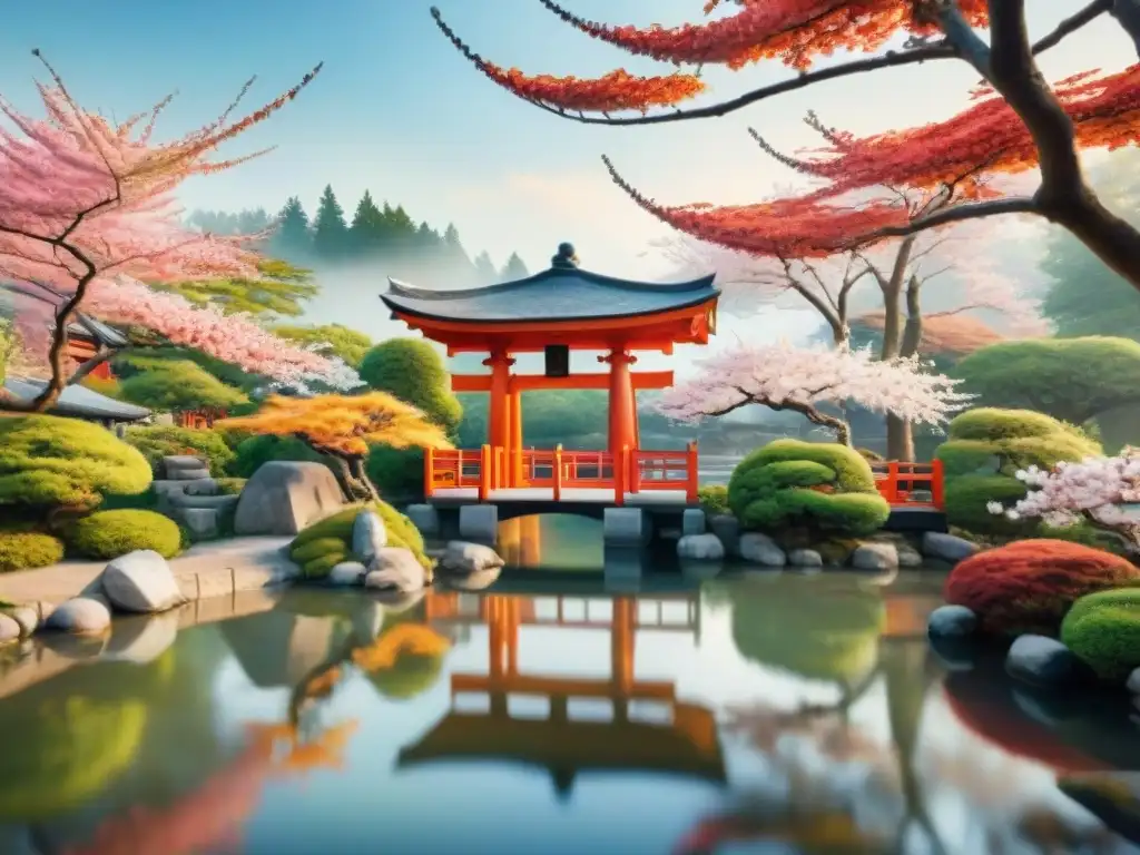 Pintura acuarela de jardín japonés con cerezos en flor, torii rojo, estanque con koi y pagoda bajo cielo pastel