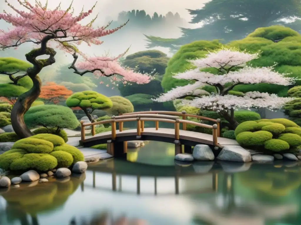 Pintura acuarela de jardín japonés con puente de madera sobre estanque y árboles de cerezo en flor