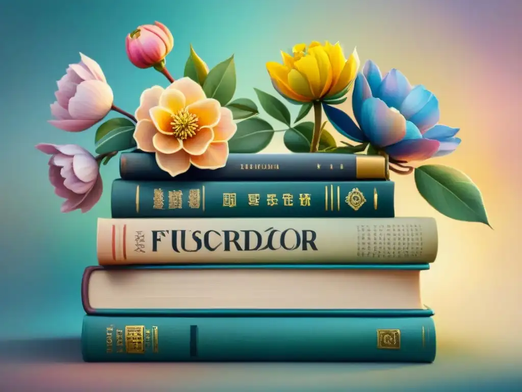 Pintura acuarela de libros antiguos y flores, fusionando culturas