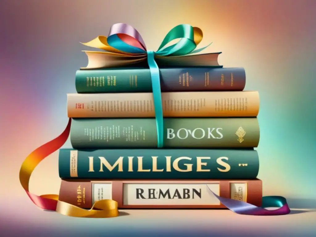Pintura acuarela con libros de diferentes lenguas rodeados de cintas multicolores, simbolizando la diversidad literaria