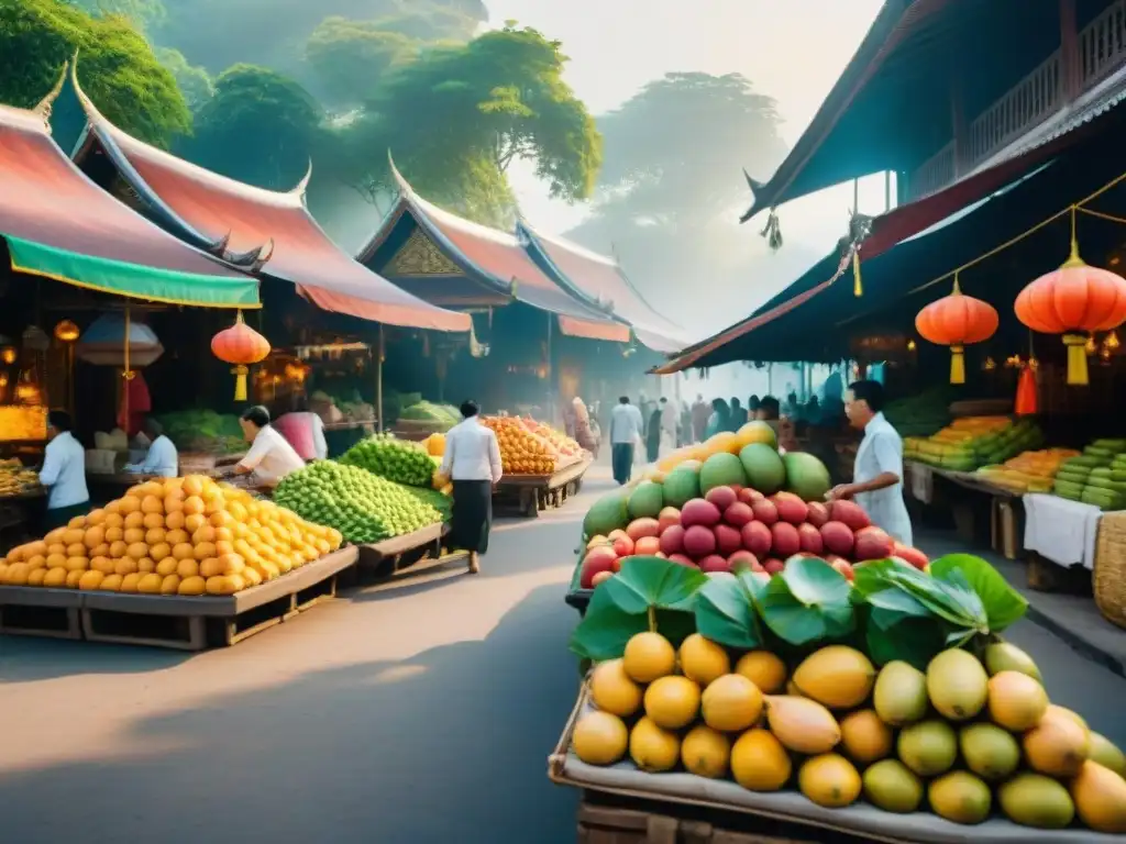 Pintura acuarela de mercado tailandés bullicioso con frutas exóticas, textiles coloridos y locales en trajes tradicionales