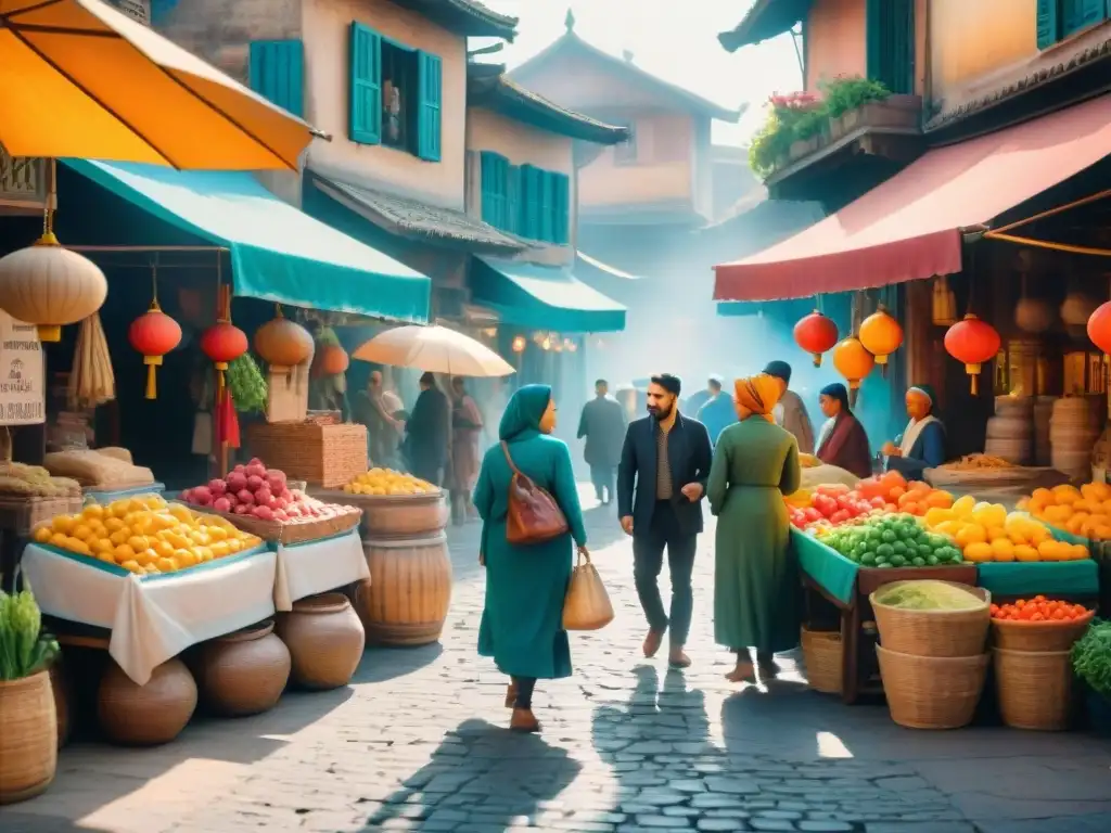 Pintura acuarela de mercado histórico con legado lingüístico imperios dialectos actuales