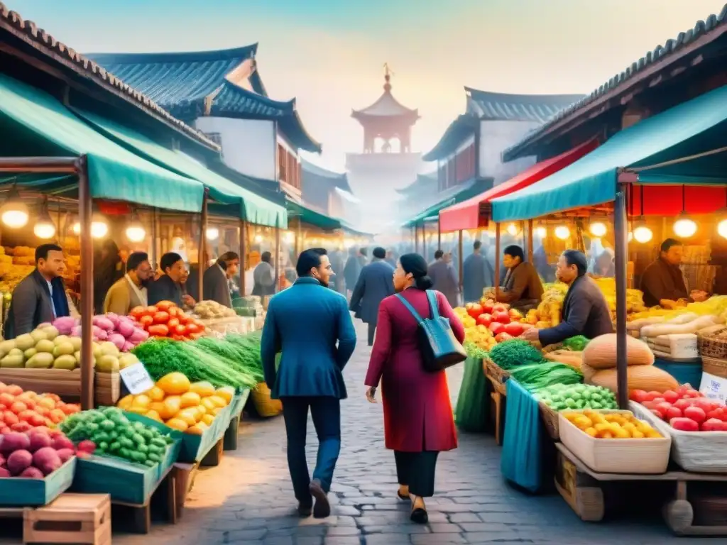 Pintura acuarela de mercado multicultural, reflejando el impacto de los dialectos en la economía