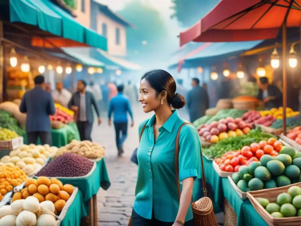 Pintura acuarela: Mercado multicultural vibrante Pintura acuarela de mercado multicultural con interacción de lenguas oficiales y dialectos