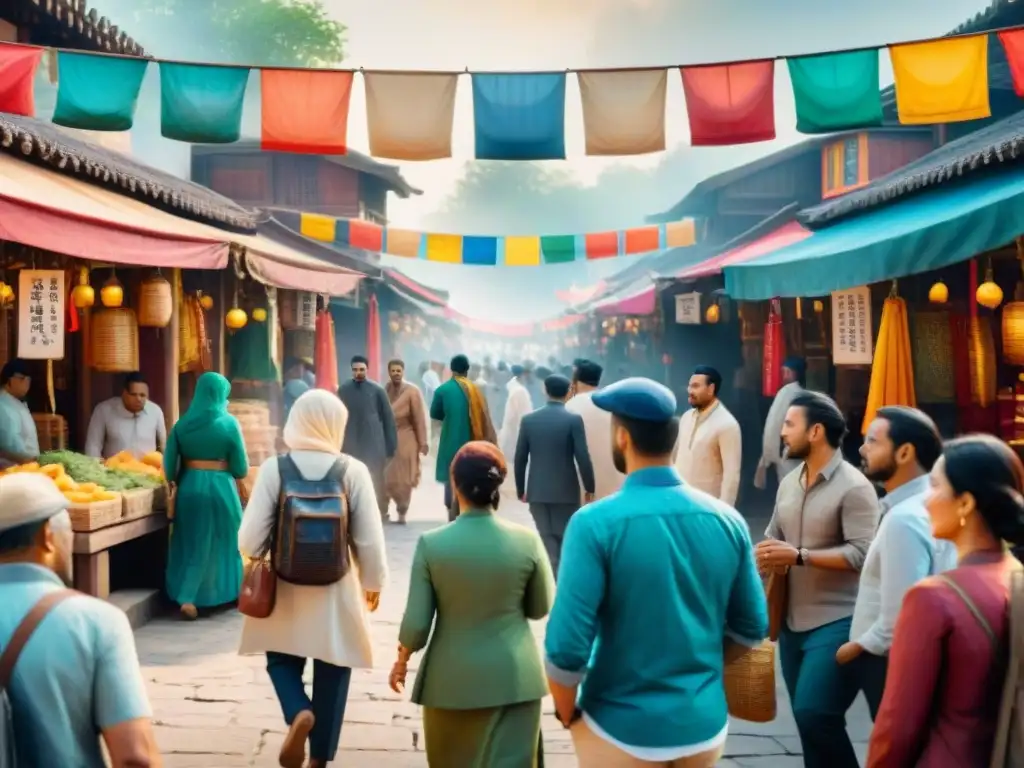 Pintura acuarela de mercado multicultural vibrante con elementos tradicionales y modernos, reflejando la presencia del Sánscrito en la cultura moderna