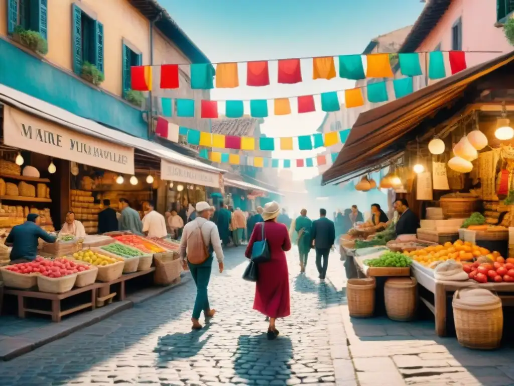 Pintura acuarela de mercado romano bullicioso con inscripciones en latín