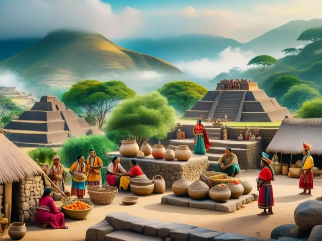 Pintura acuarela de mercado vibrante en pueblo prehispánico Matlatzinca, con riqueza cultural lenguas dialectos mundo