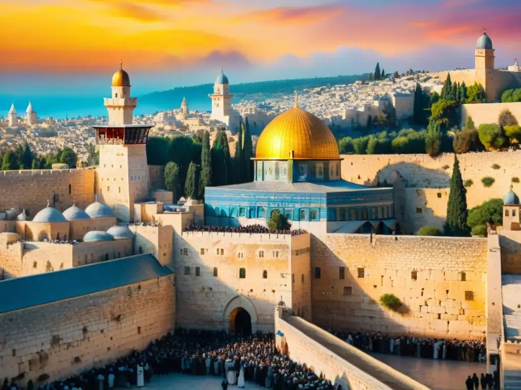 Pintura acuarela de Jerusalén con el Muro de las Lamentaciones y la Cúpula de la Roca al atardecer