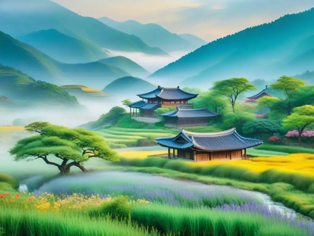 Pintura acuarela de paisaje coreano sereno al amanecer, con montañas brumosas, río y casa tradicional entre árboles