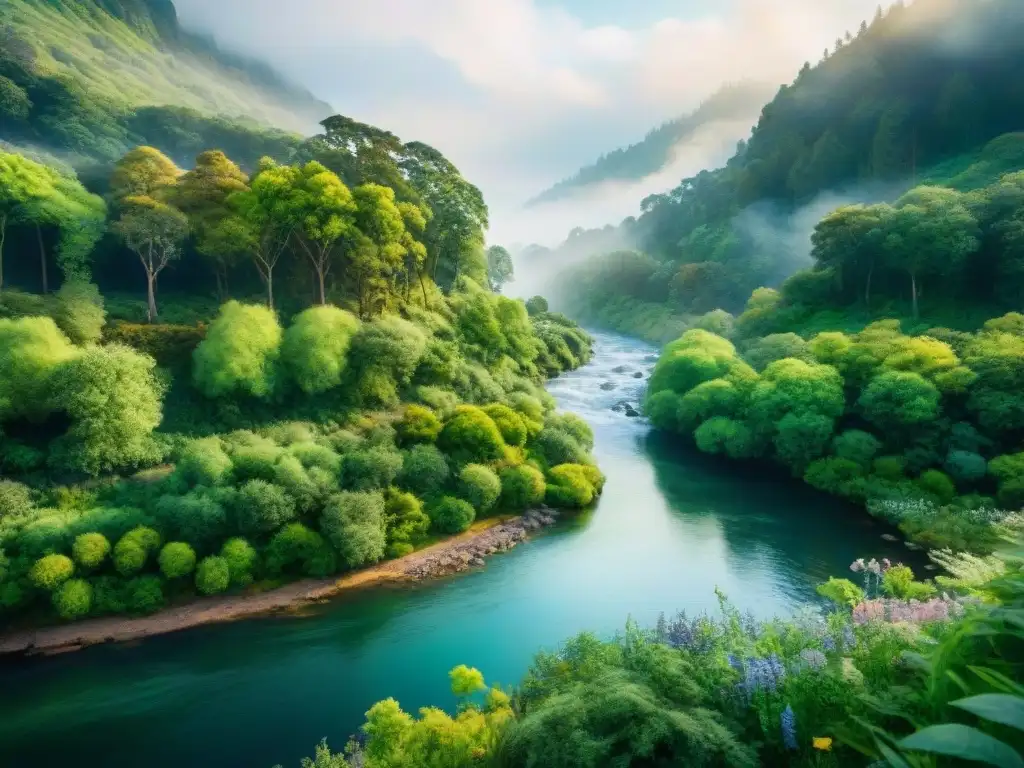 Paisaje sereno: río fluyente en la selva vibrante Pintura acuarela de un paisaje exuberante con río, bosque vibrante y luz solar filtrada