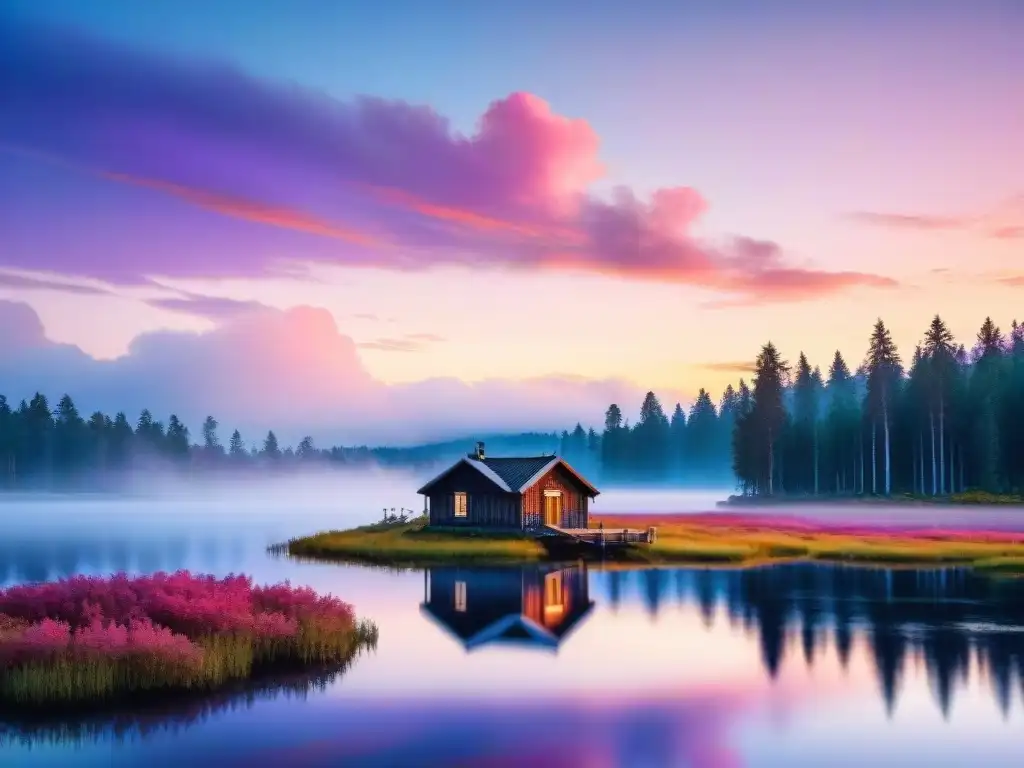 Pintura acuarela de paisaje finlandés con cabaña de madera entre pinos