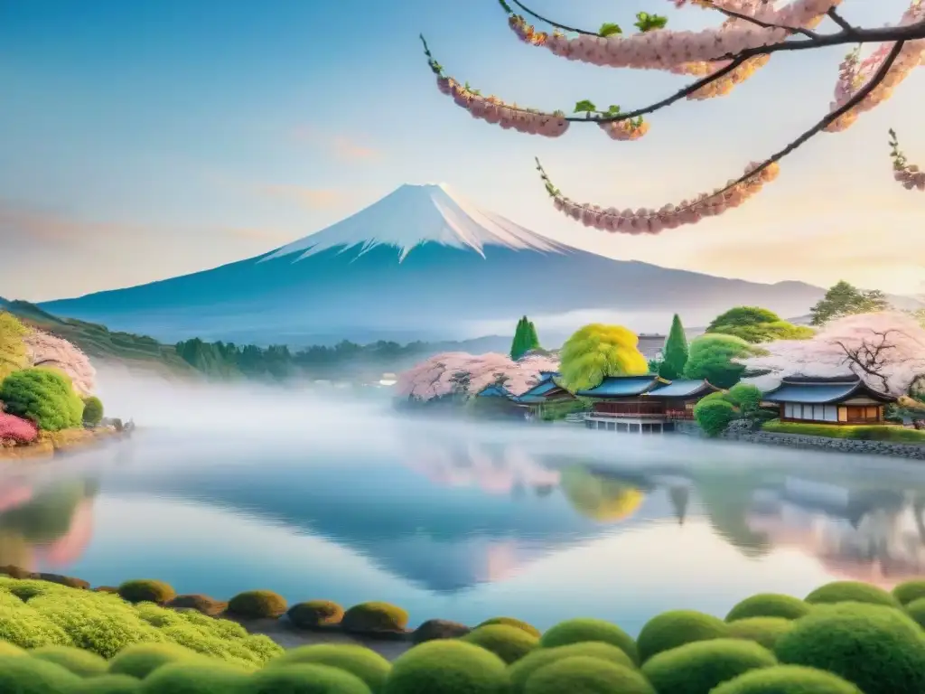 Pintura acuarela de un paisaje japonés con el icónico Monte Fuji al amanecer y variedades regionales japonés coreano