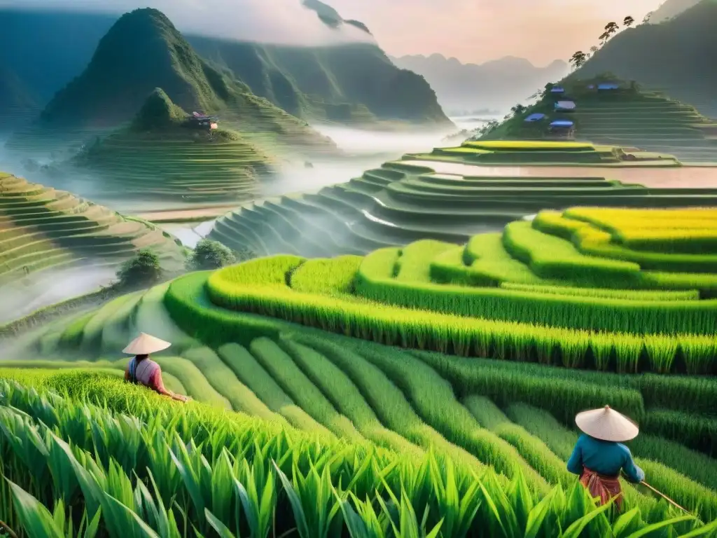 Pintura acuarela de paisaje vietnamita sereno al amanecer con arrozales verdes y montañas brumosas