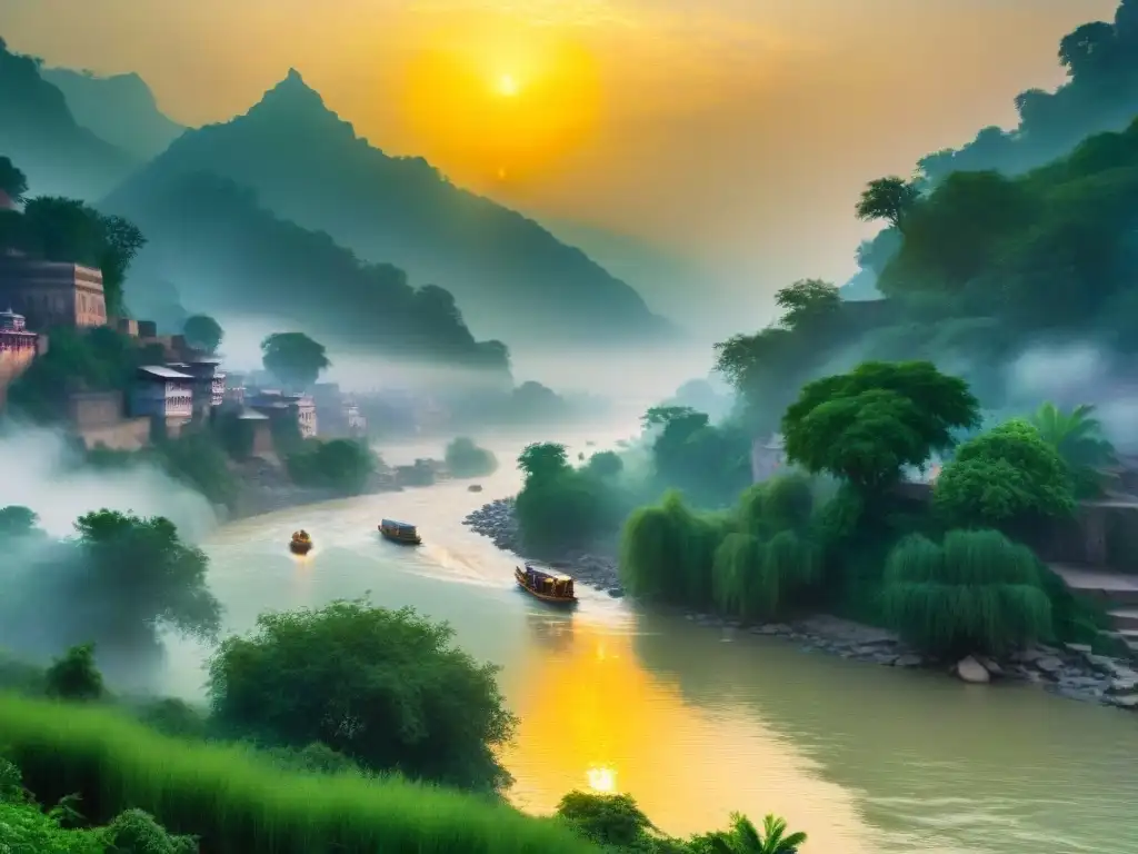 Pintura acuarela del río Ganges, paisajes exuberantes, sol dorado