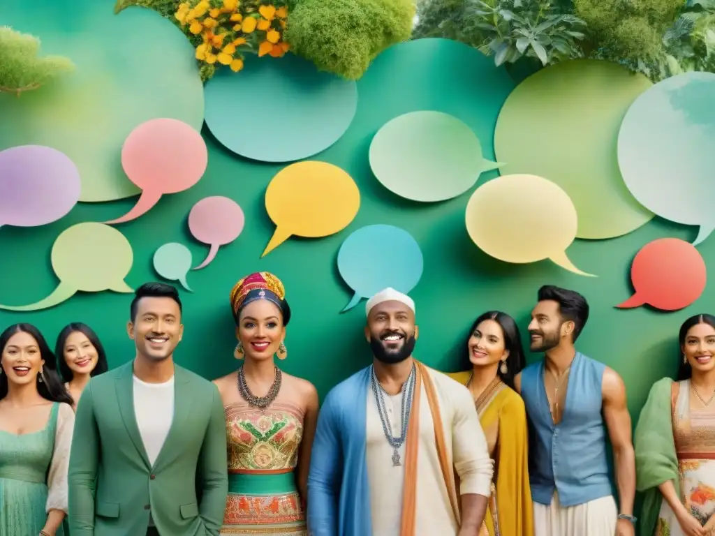 Pintura acuarela de personas diversas hablando en sus idiomas con burbujas coloridas, celebrando la importancia de la preservación de lenguas maternas