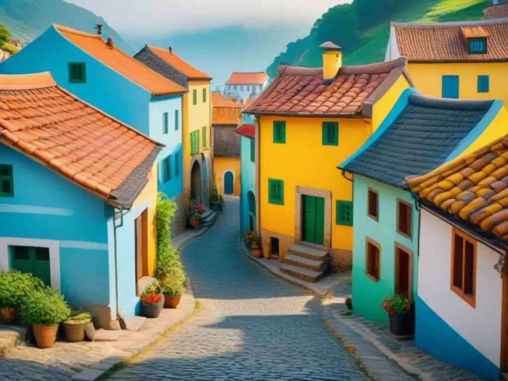 Pintura acuarela de un pintoresco pueblo con casas coloridas y calles empedradas, inspirando la prosa en dialecto principiantes