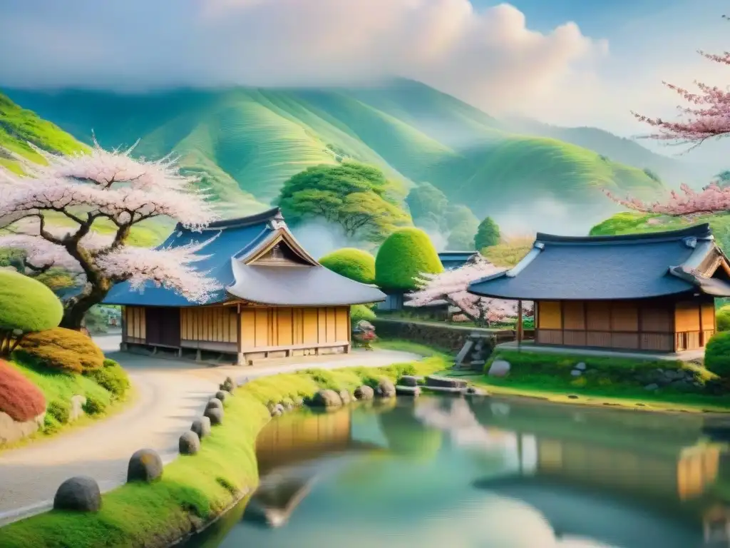 Pintura acuarela de un pueblo rural japonés rodeado de montañas verdes y árboles de cerezos en flor