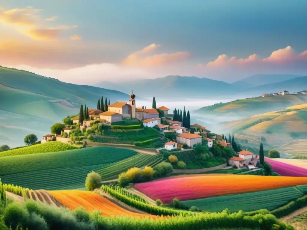 Pintura acuarela de un pueblo rústico entre viñedos y campos de trigo, bajo un cielo anaranjado y rosa al atardecer