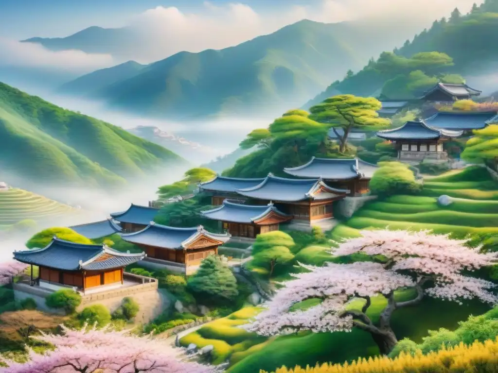 Pintura acuarela de un pueblo surcoreano con casas hanok entre la naturaleza exuberante y los cerezos en flor