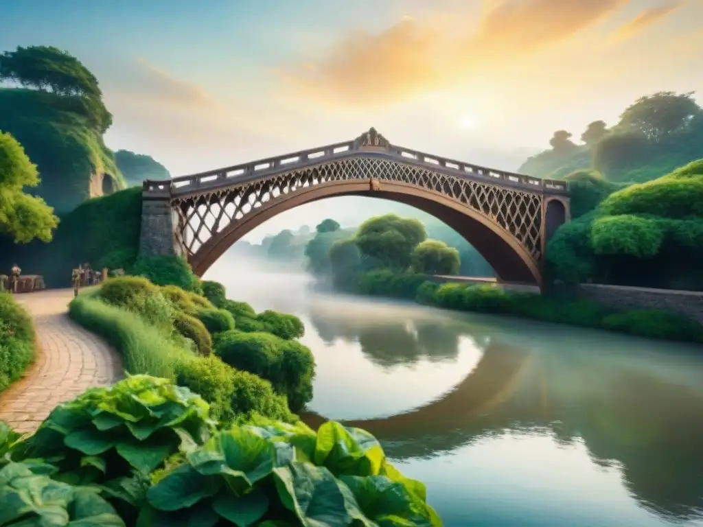 Pintura acuarela de un puente antiguo sobre un río tranquilo al atardecer