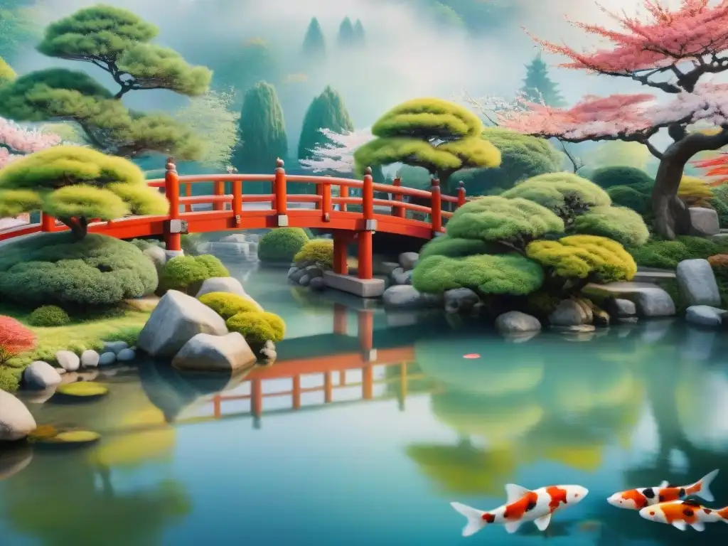 Pintura acuarela de jardín japonés: puente rojo, estanque con koi y sakuras en flor