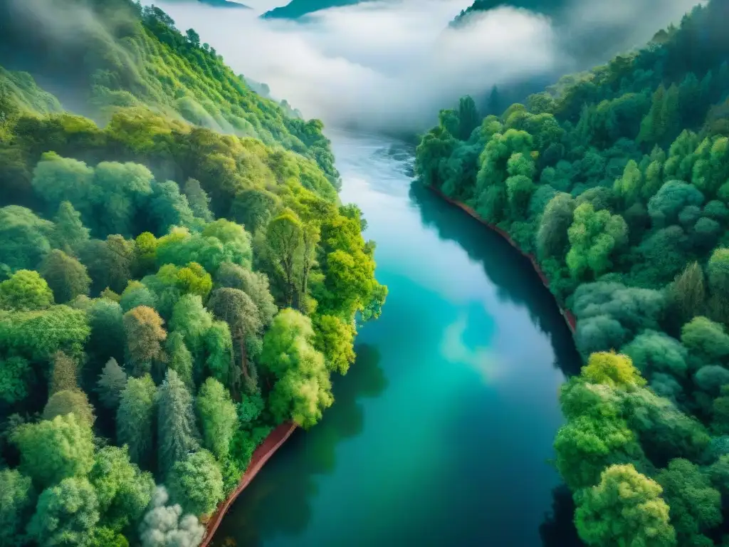 Pintura acuarela de un río sereno entre árboles vibrantes, con dialectos como cintas, reflejando la influencia del agua en el lenguaje