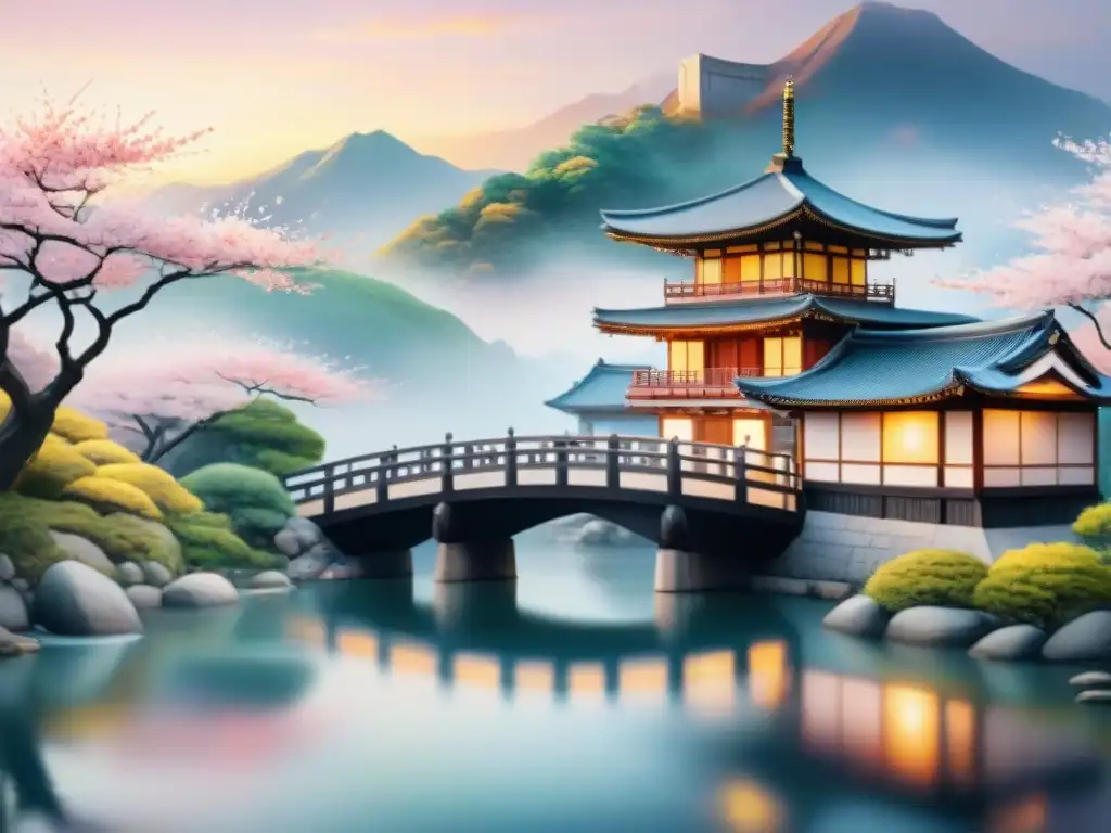 Pintura acuarela serena de arquitectura japonesa y coreana con influencia recíproca, y elementos culturales como hanbok y cerezos en flor