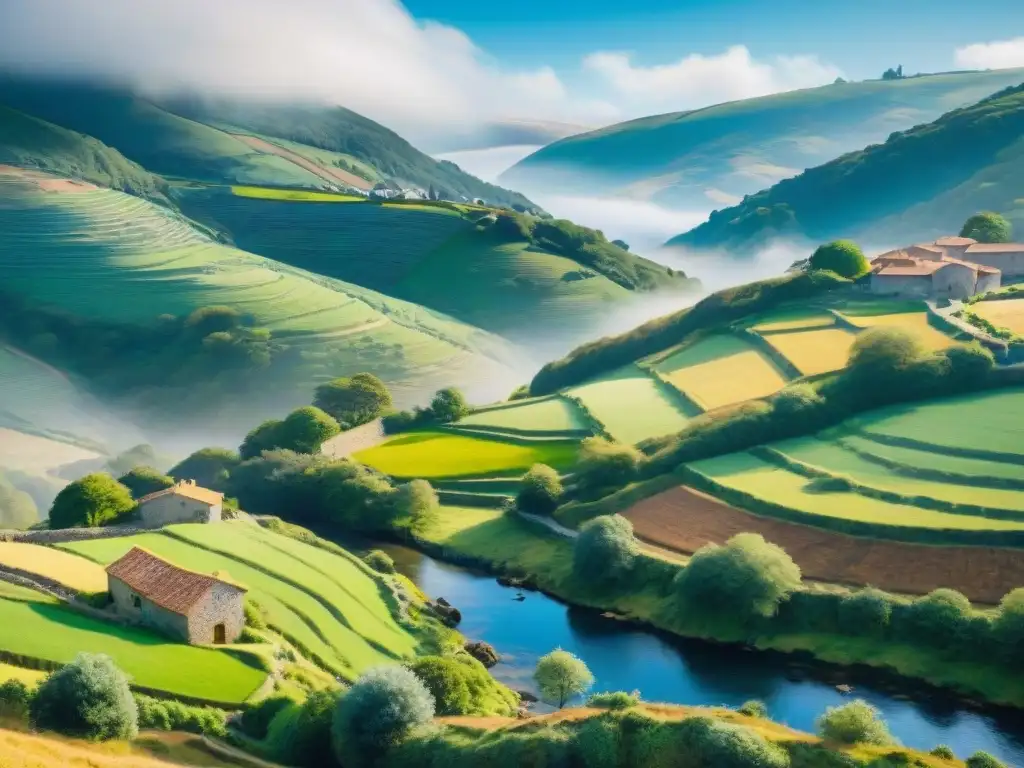 Pintura acuarela serena de la campiña gallega, rico patrimonio cultural en lenguas y dialectos