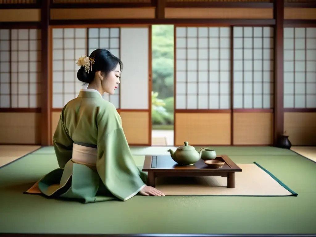 Pintura acuarela serena de una ceremonia del té japonesa en una habitación de tatami