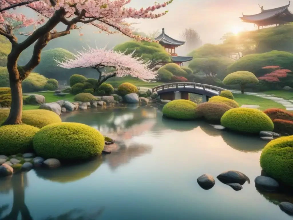 Pintura acuarela serena de un cerezo en flor con pétalos rosados cayendo en un jardín tranquilo, reflejando el atardecer