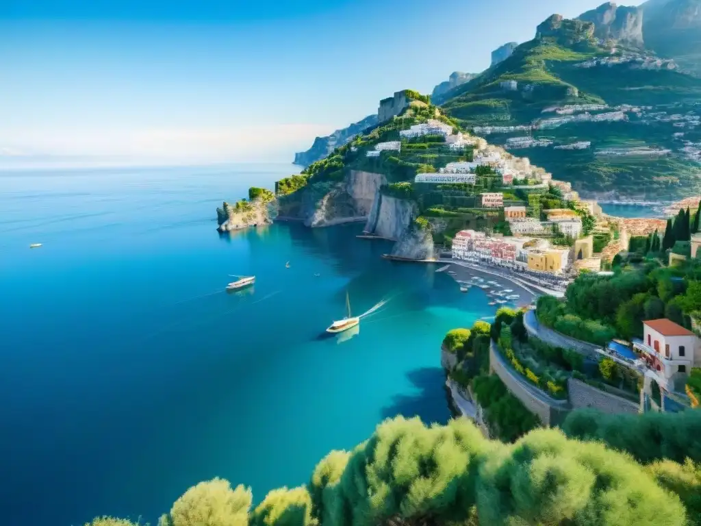 Pintura acuarela serena de la Costa Amalfitana en Italia, con limoneros, casas coloridas en acantilados y barco de pesca italiano